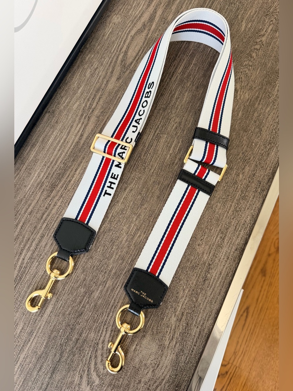 Marc Jacobs Webbing Strap with Red and Navy Center Stripe and Gold Hardware